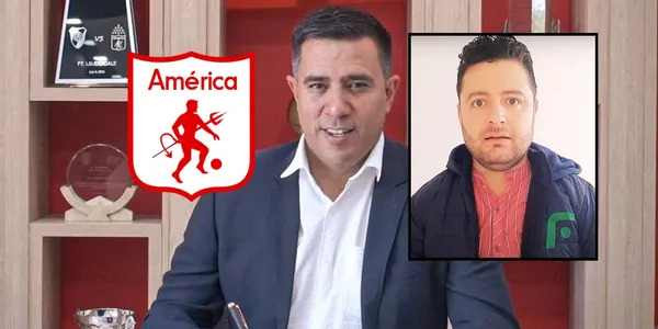 Alarcón habló del América. Foto de Farías de Twitter @AmericadeCali, logo Wikipedia, foto Alarcón captura de pantalla YouTube El Futbolero.