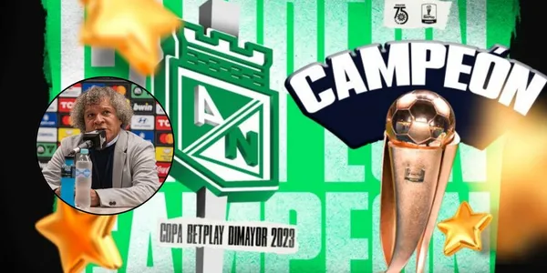 Alberto Gamero hablando en una rueda de prensa y un afiche de Atlético Nacional campeón