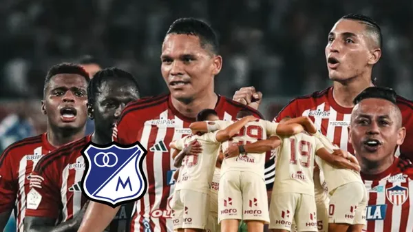 Algunos de los jugadores del plantel de Junior, al lado los futbolistas de Universitario. FOTO: ComuTricolor