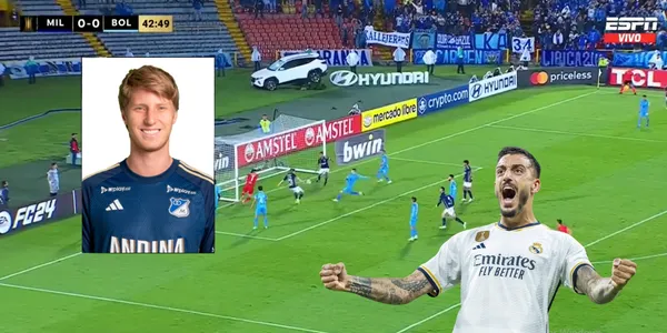 Andrés Llinás de Millonarios FC al momento de anotarle a Bolívar de Bolivia