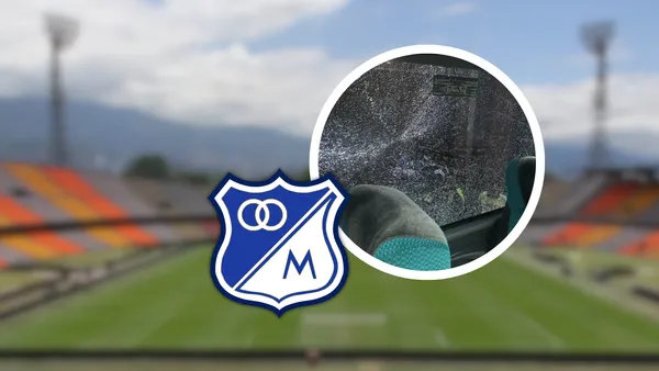 ¡Ataque en Medellín! El bus de Millonarios, apedreado. La FOTO y detalles. Foto: Captura de X, Escudoteca e INDER