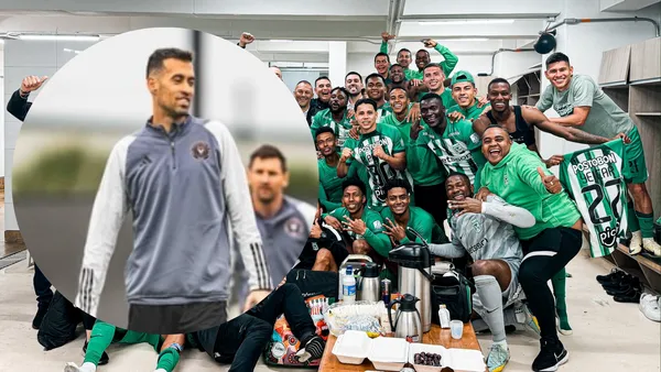 Busquets y jugadores de Nacional. Foto: redes de Busquets y Nacional.