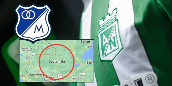 Camiseta de Atlético Nacional y al lado el escudo de Millonarios FC
