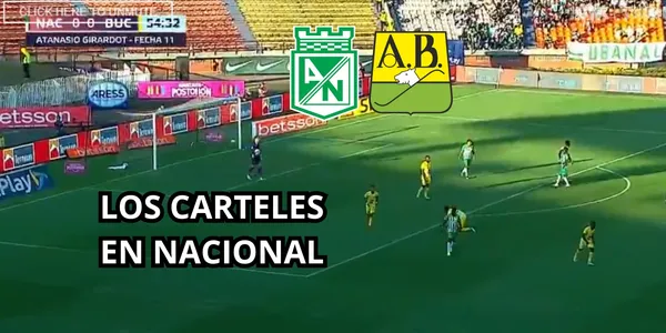 Carteles con mensajes de molestia en Nacional. Foto captura de pantalla de Win Sports.