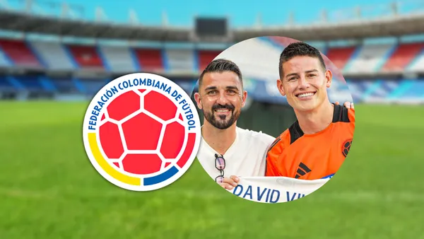 David Villa y James Rodríguez en la previa del Colombia vs Paraguay Foto: FCF, Junior FC y Escudoteca