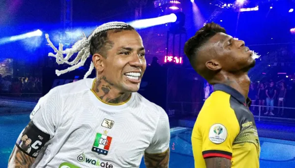 Dayro Moreno festejando con Once Caldas, al lado un futbolista de la Selección Ecuatoriana. FOTO: Wikipedia