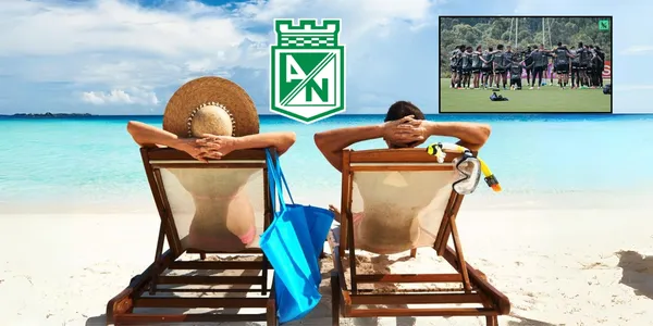 Dos personas de vacaciones en la playa y una foto de los jugadores de Atlético Nacional entrenando