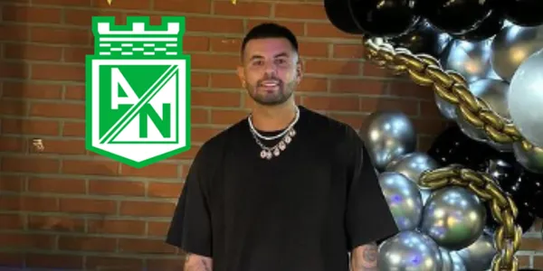 Edwin Cardona y al lado el escudo de Atlético Nacional
