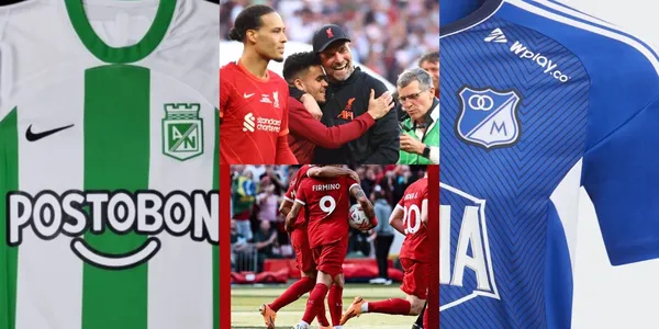 En el partido del Liverpool contra el Aston Villa apareció una camiseta de un equipo de Colombia.