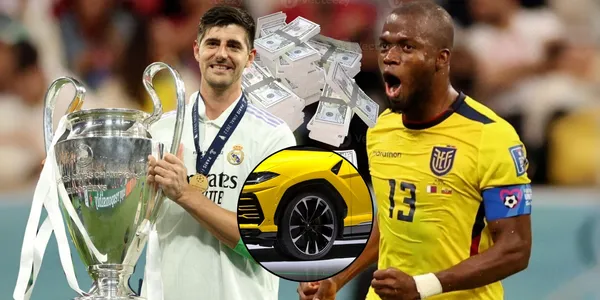 Enner Valencia jugador ecuatoriano y Thibaut Courtois jugador belga