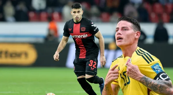 Gustavo Puerta jugando para el Bayer Leverkusen, al lado James Rodríguez con la camiseta de Colombia. FOTO: 'X'