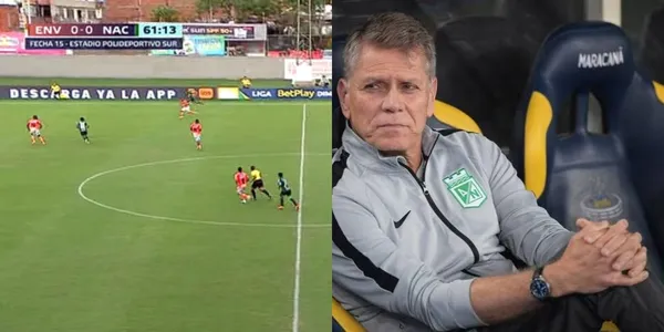 Hinchas de Atlético Nacional le hacen un reclamo a Paulo Autuori en el partido contra Envigado.