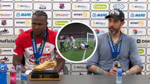 Hugo Rodallega y Jorge Bava en rueda de prensa dando una emotiva declaración Foto: Dimayor y Captura de Win