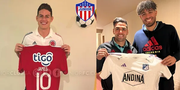 James Rodríguez con la camiseta de Junior FC y Radamel Falcao con la camiseta de Millonarios FC