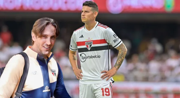 James Rodríguez con la camiseta del Sao Paulo, al lado Luis Zubeldía posando con el buzo del equipo 'Tricolor'. FOTO: Fut Sport