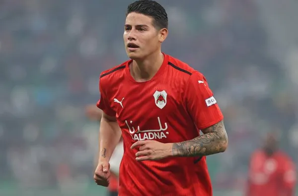 James Rodríguez logró macar su primer gol con el Al-Rayyan SC; jugó muy bien, al punto que es convocable a la Selección Colombia.