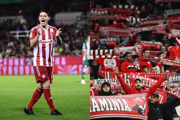 James Rodriguez vio minutos con el Olympiacos, marcó un golazo que fue anulado e hizo el ridículo en esa acción en la celebración.