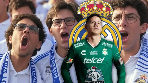 James Rodríguez y Fanáticos del Real Madrid Foto: Grok, Escudoteca y Club León