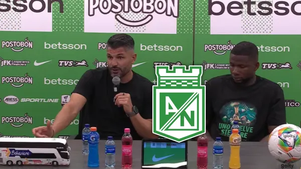 Javier Gandolfi y Harlen Castillo hablaron en rueda de prensa tras el 2 a 2 entre Nacional y Fortaleza Foto: Escudoteca y Captura de DIMAYOR