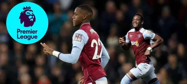 Jhon Jader Durán celebra con su primer gol en la temporada con Aston Villa