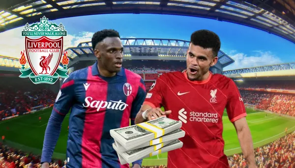 Jhon Lucumí con la camiseta de Bolonia, al lado Luis Díaz con la de Liverpool. De fondo, Anfield. FOTO: Wikipedia.