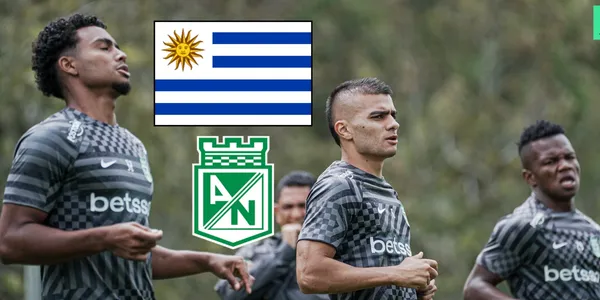 Jugadores de Atlético Nacional entrenando, bandera de Uruguay y logo de Nacional