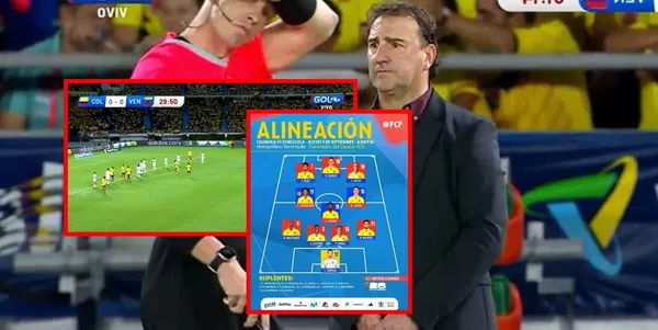 La defensa de la Selección Colombia con graves problemas en el primer tiempo contra la Selección Venezuela.