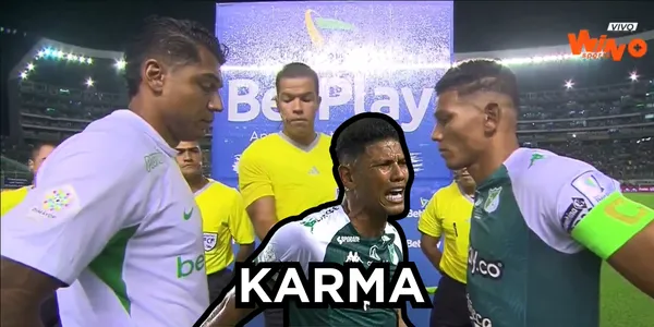 Le llegó el karma a Alex Mejía en un juego con el Deportivo Cali. Fotos captura de pantalla de Win Sports.