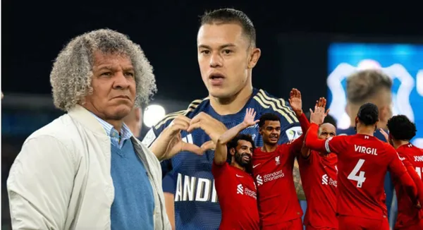 Leonardo Castro con la camiseta de Millonarios, al lado los jugadores del Liverpool y Alberto Gamero. FOTO: 365Scores