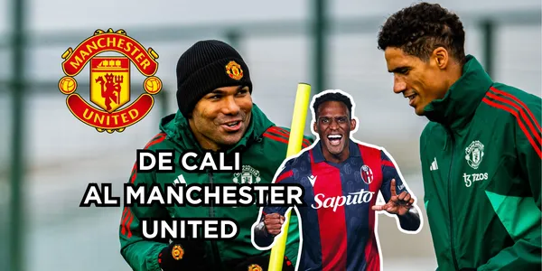 Lucumí en la mira del Manchester. Foto del United tomada de Twitter @ManUtd, foto de Lucumí del Web Site Bologna FC, logo MU de Wikipedia.