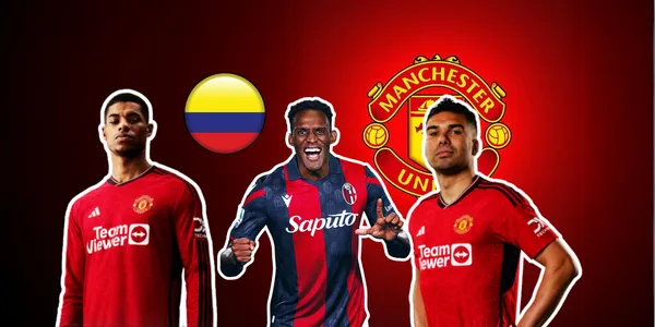 Lucumí en la mira del United. Logo del MU del Pxfuel, fotos Manchester de su Web Site, foto de Lucumí Web Bologna FC, bandera 123RF.