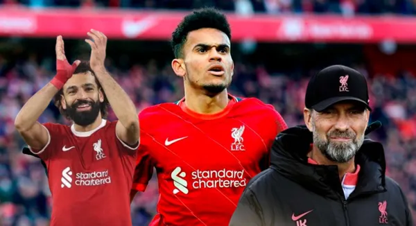 Luis Díaz, al lado Mohamed Salah y Jürgen Klopp. FOTO: El Universal