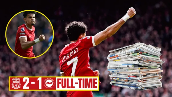 Luis Díaz celebrando el gol de Liverpool vs Brighton en la Premier League