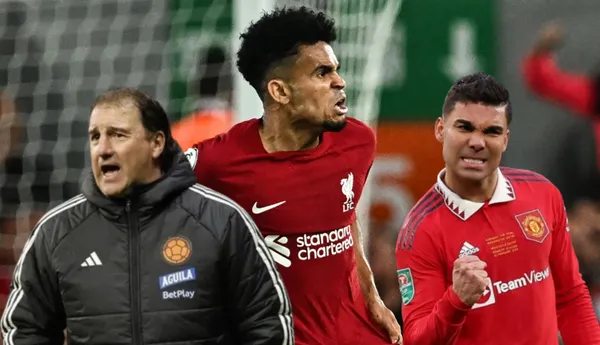 Luis Díaz con la camiseta de Liverpool, al lado Néstor Lorenzo y Casemiro. FOTO: Goal