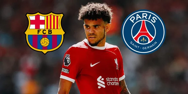 Luis Díaz con la camiseta del Liverpool, a su lado los logos del FC Barcelona y PSG