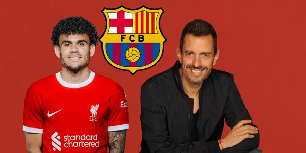 Luis Díaz con la camiseta del Liverpool, Pablo Giralt sonriendo y el escudo del FC Barcelona