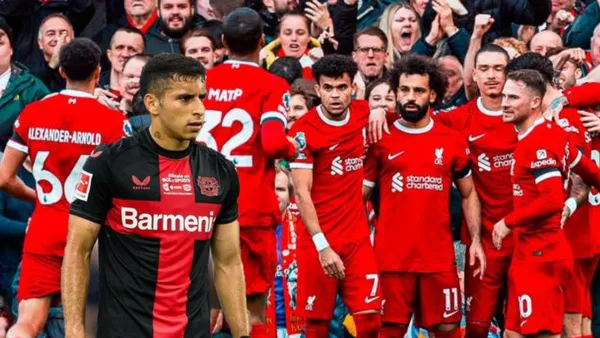 Luis Diaz del Liverpool y Gustavo Puerta del Bayer Leverkusen -Fotos: Fútbol Hoy, El Colombiano