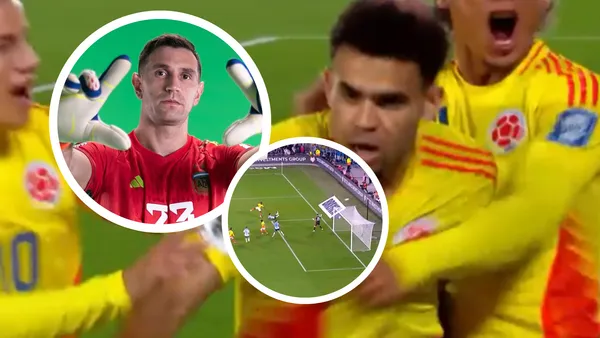 Luis Díaz marcó un golazo y la reacción del Dibu Martínez fue tan fría como inesperada. Foto: FIFA y Captura de Gol Caracol