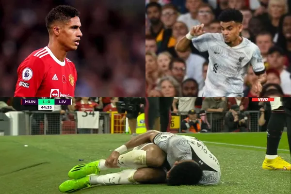 Luis Díaz tuvo una fuerte marca por parte de Raphaël Varane del Manchester United.