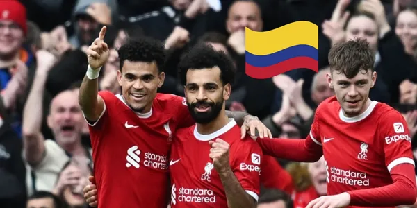 Luis Díaz y Mohamed Salah celebrando un gol. Foto tomada de Liverpool Echo.