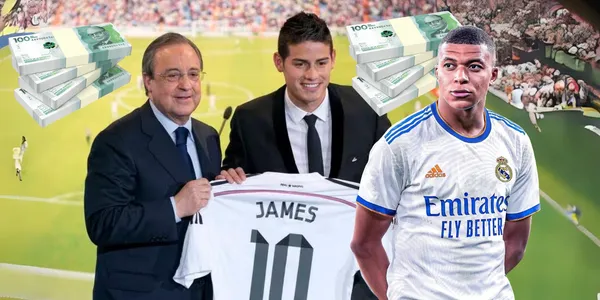 Mbappé al Madrid. Foto de James tomada de Cadena SER, Mbappé de Facebook Troll Football, pesos de 123RF.