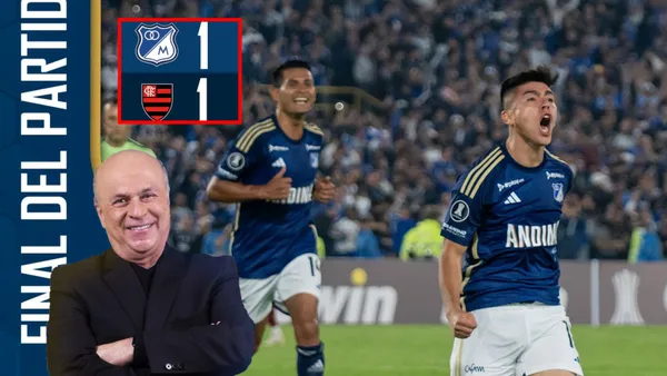 Millonarios celebrando gol vs Flamengo por Copa Libertadores