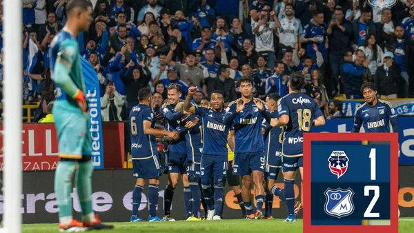 Millonarios celebrando gol vs Fortaleza