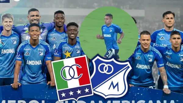 Once Caldas vs Millonarios Foto: Captura de D Sports, Escudoteca y Millonarios FC