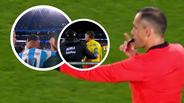 Otamendi y Ríos no se guardaron nada al final del partido; la tensión fue total. Foto: Captura de Gol Caracol y Telefe