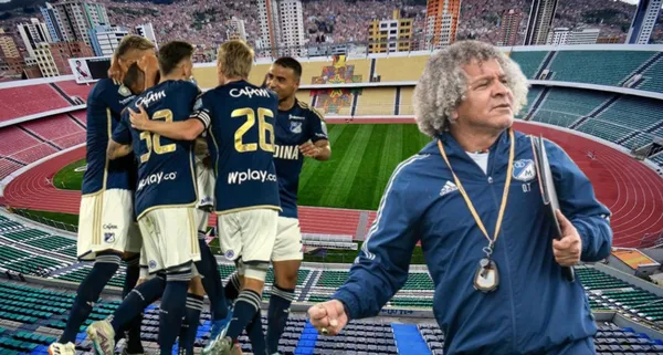 Postal de Millonarios festejando, al lado jugadores de Bolívar de La Paz. FOTO: Ovación