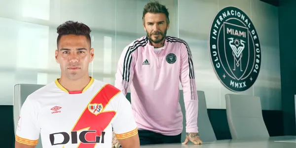Radamel Falcao con la camiseta del Rayo Vallecano y David Beckham el Presidente del Inter de Miami