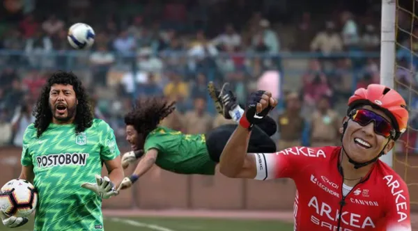 René Higuita haciendo la atajada del 'Escorpión' y con la camiseta de Atlético Nacional, al lado Nairo Quintana, FOTO: El Comercio