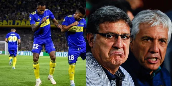 Sebastián Villa y Frank Fabra reciben noticias del Tata Martino en Boca Juniors.
