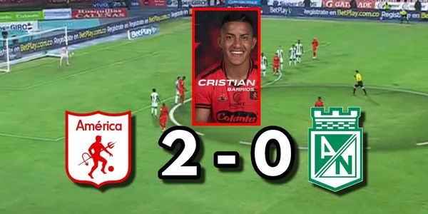 Segundo gol de Cristian Darío Barrios Puertas del América de Cali al minuto 45+2 contra Atlético Nacional.